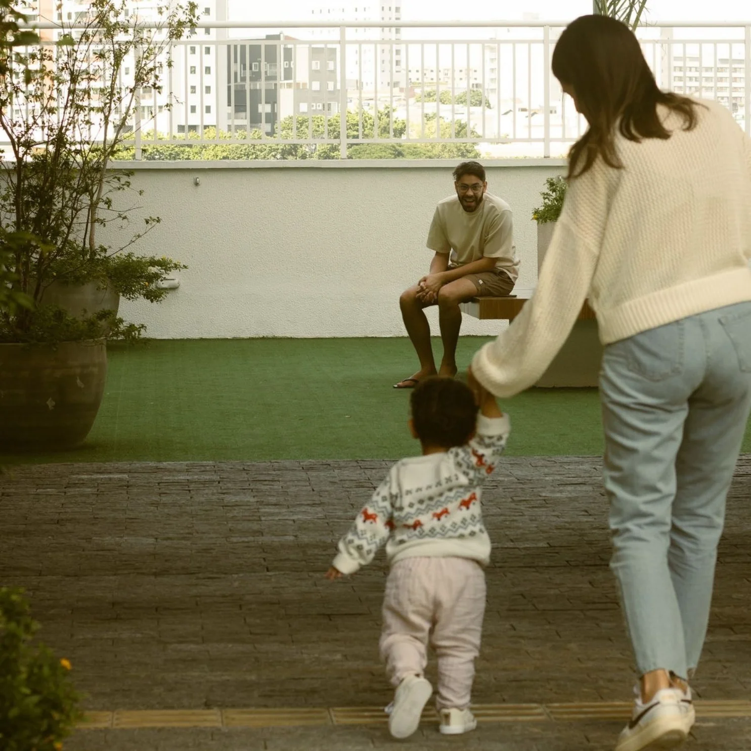 Family enjoying a warm evening together outdoors